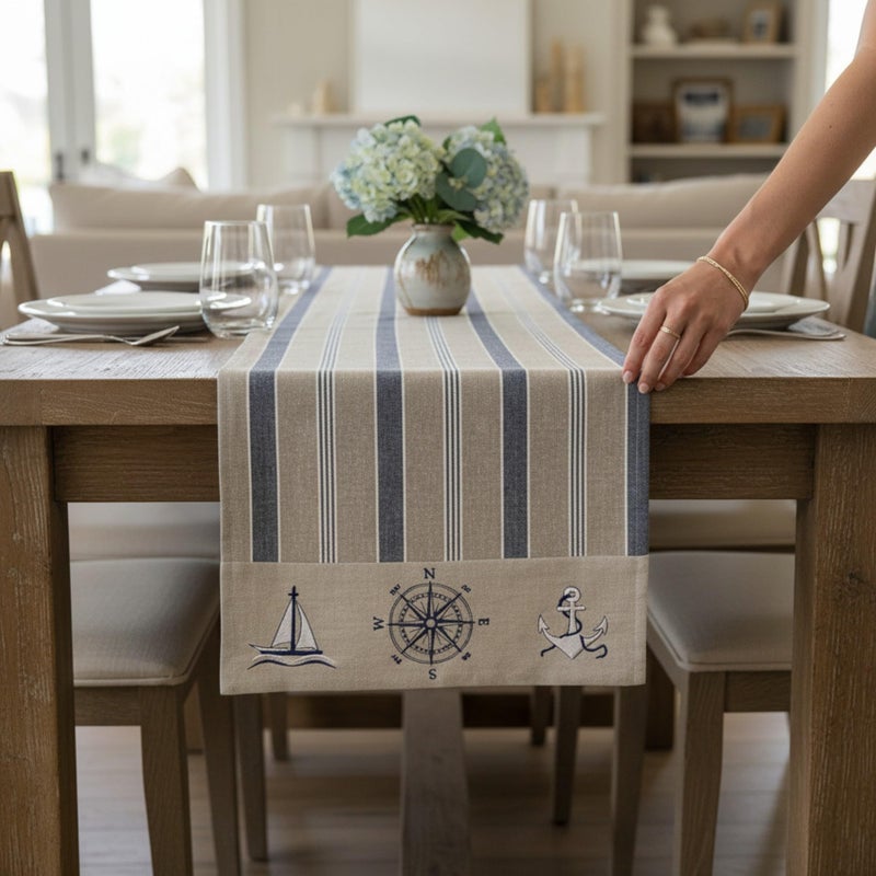 Eight Owls Nautical Table Runner - 72 Inch - Cotton Decorative Embroidered Design â€“ Natural, Navy Blue and White (Coastal Lighthouse) - Image 2